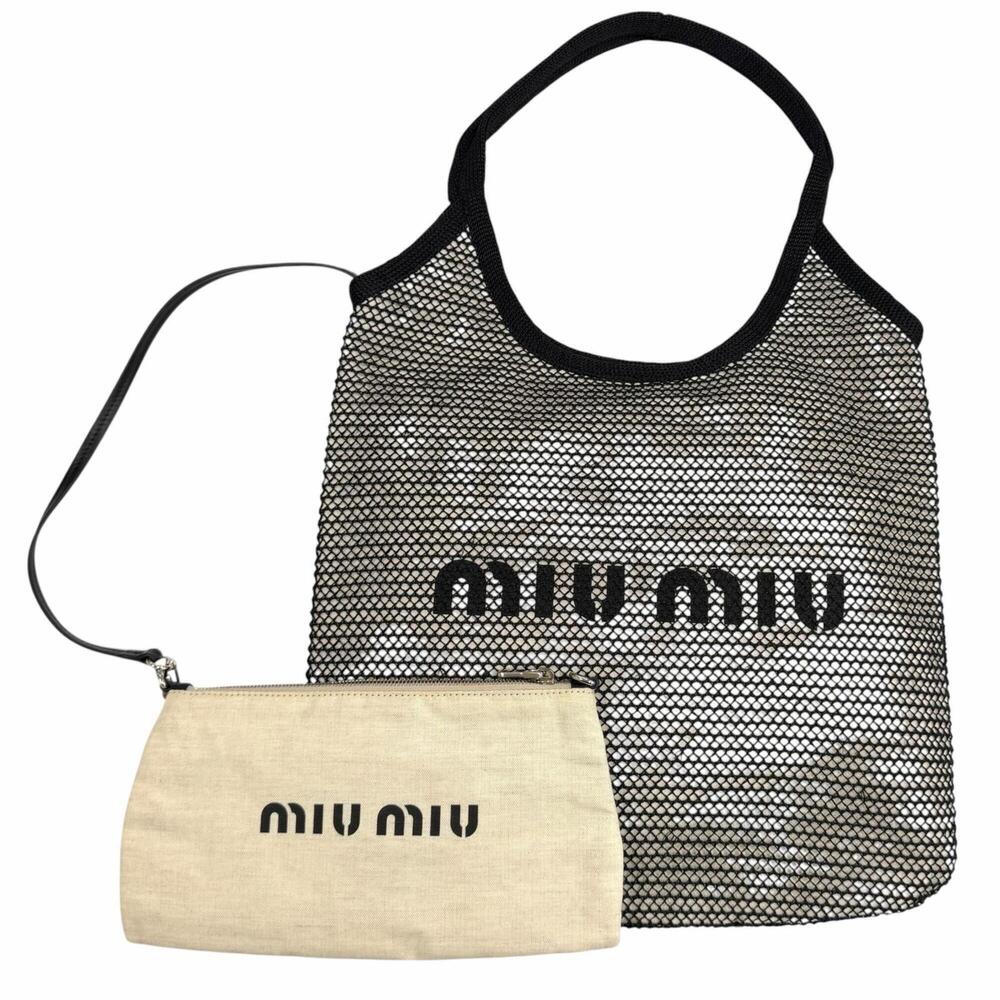 Miu Miu MIUMIU 5BG231 IVY (Ivy) NERO NATURAL Raffia Mesh Tote Bag with Logo D...